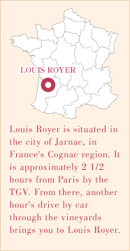 Louis Royer is situated in the city of Jarnac, in France's Cognac region. It is approximately 2 1/2 hours from Paris by the TGV. From there, another hour's drive by car through the vineyards brings you to Louis Royer.